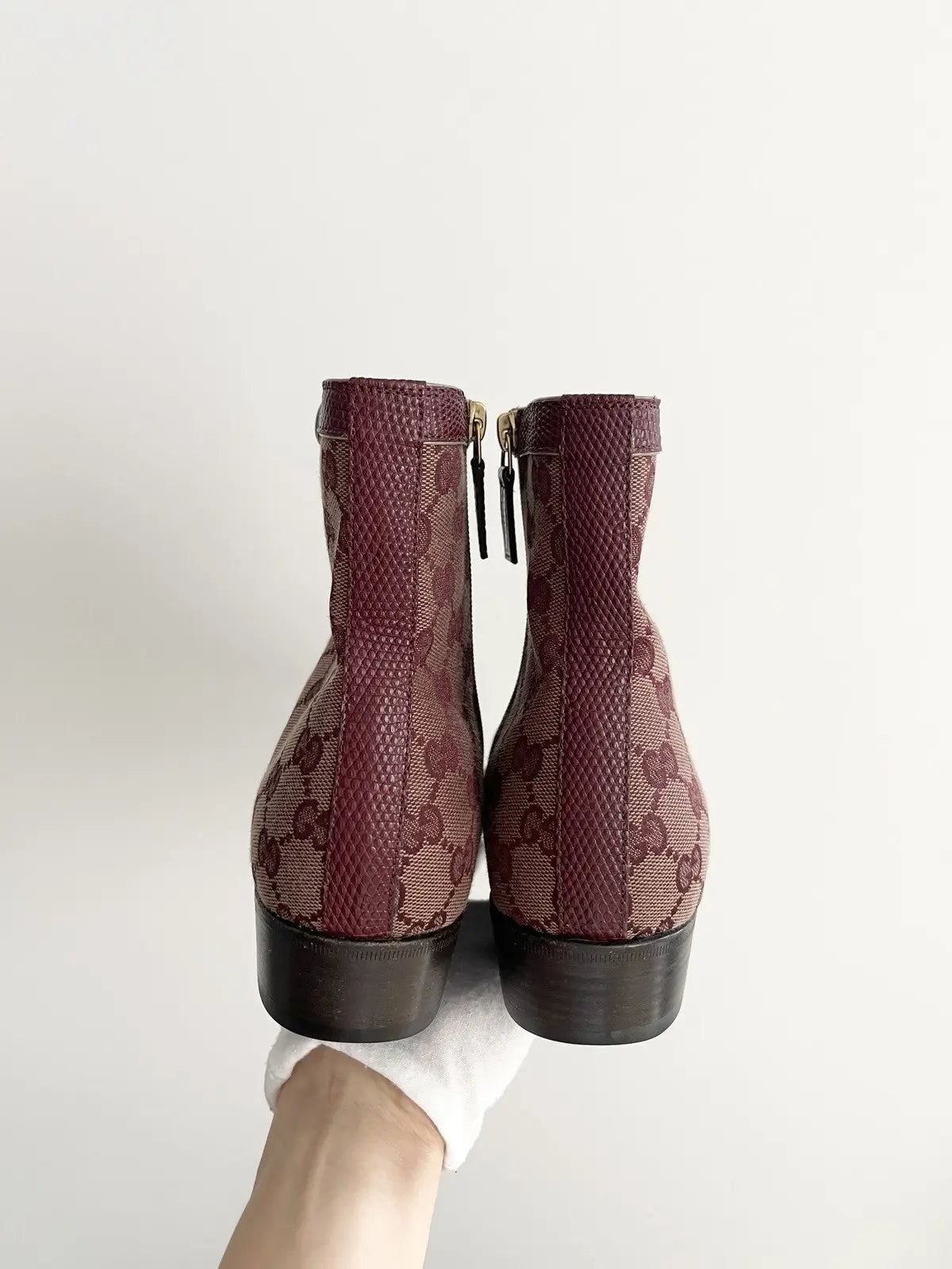 Gucci Burgundy Canvas Original GG Boots Lizard Trim