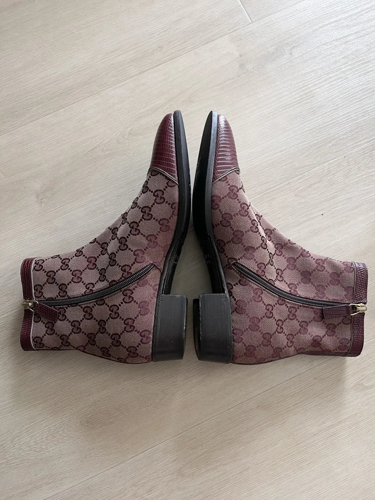 Gucci Burgundy Canvas Original GG Boots Lizard Trim