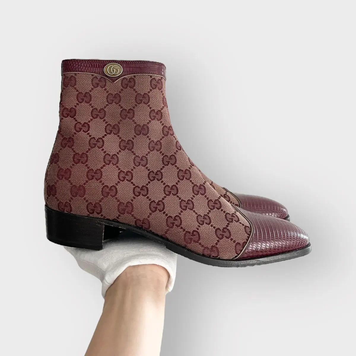 Gucci Burgundy Canvas Original GG Boots Lizard Trim