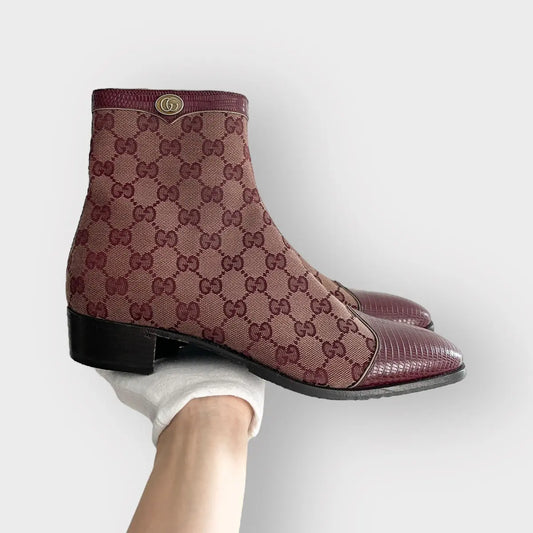 Gucci Burgundy Canvas Original GG Boots Lizard Trim
