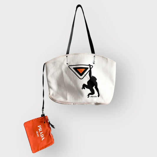 2018 Prada Canapa Monkey-Print Tote Bag