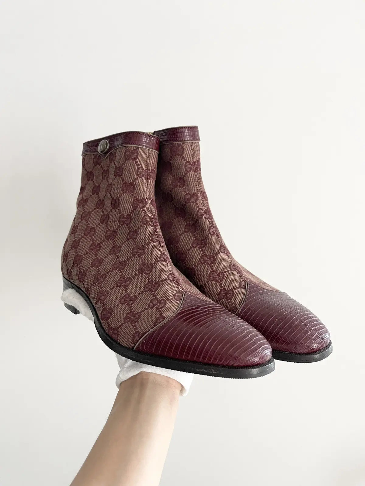 Gucci Burgundy Canvas Original GG Boots Lizard Trim