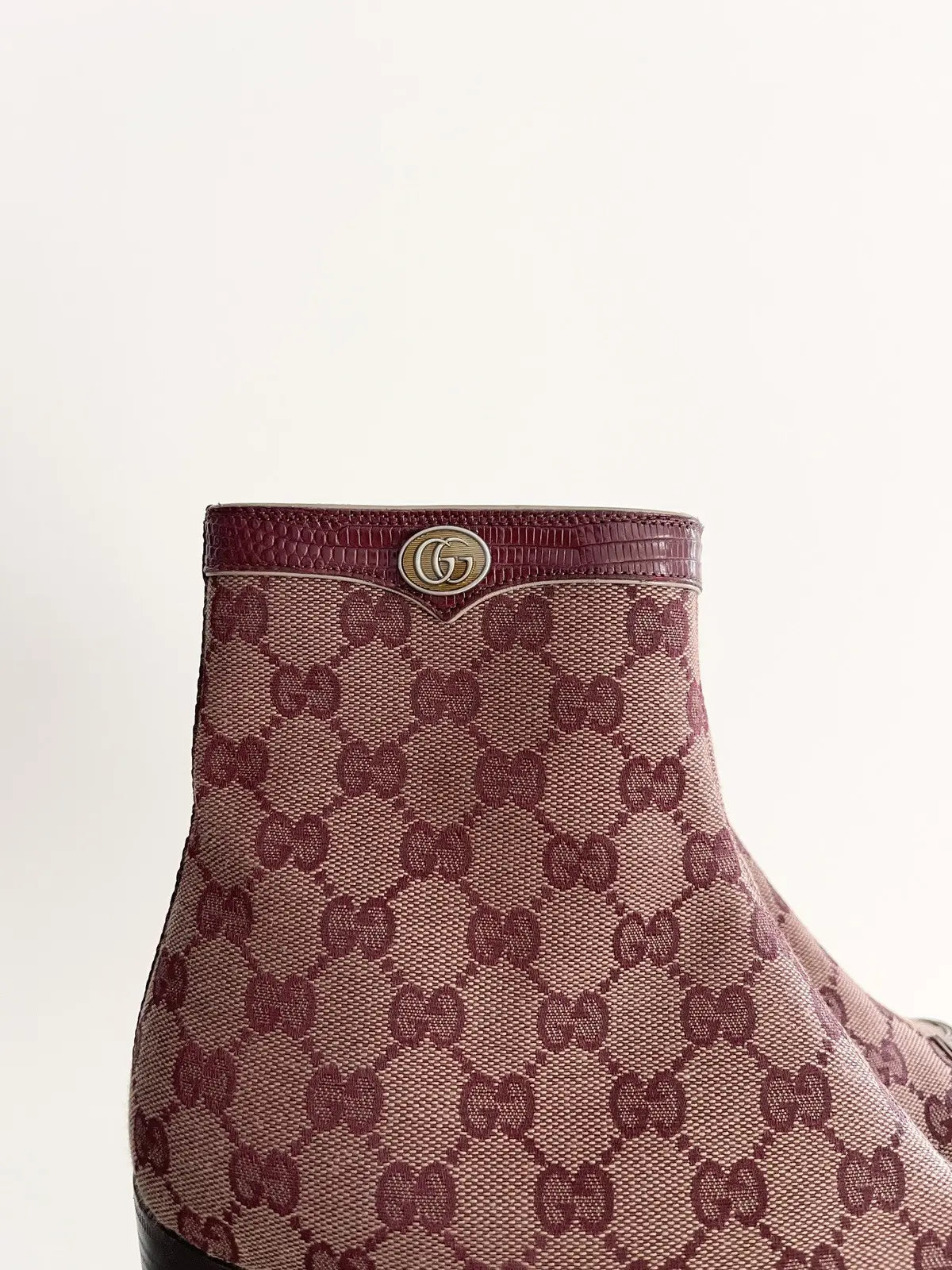 Gucci Burgundy Canvas Original GG Boots Lizard Trim