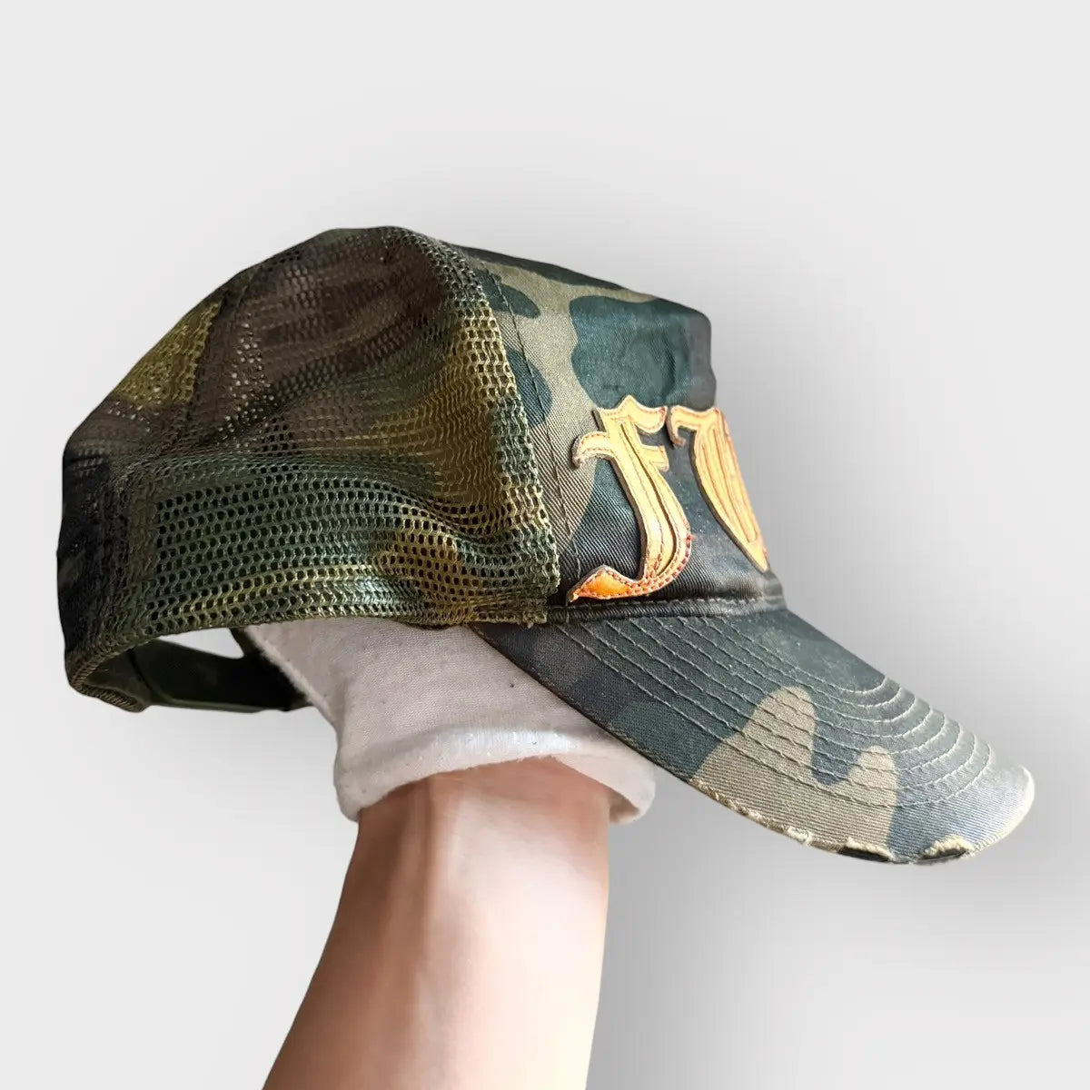 Chrome Hearts Fuck Leather Patch Camo Trucker Hat