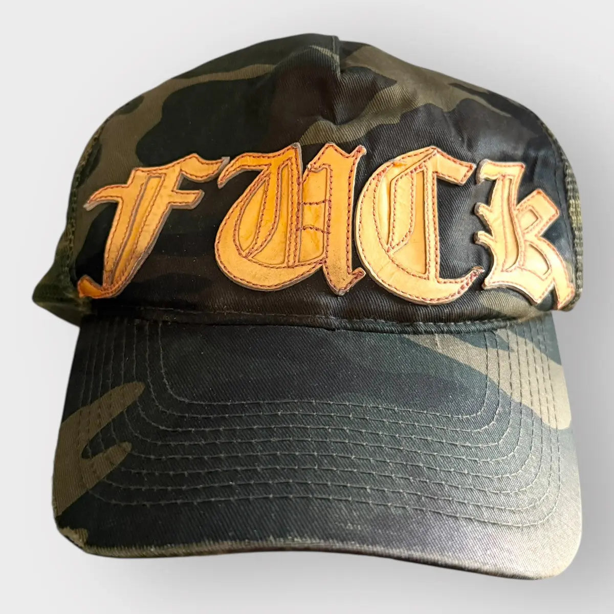 Chrome Hearts Fuck Leather Patch Camo Trucker Hat