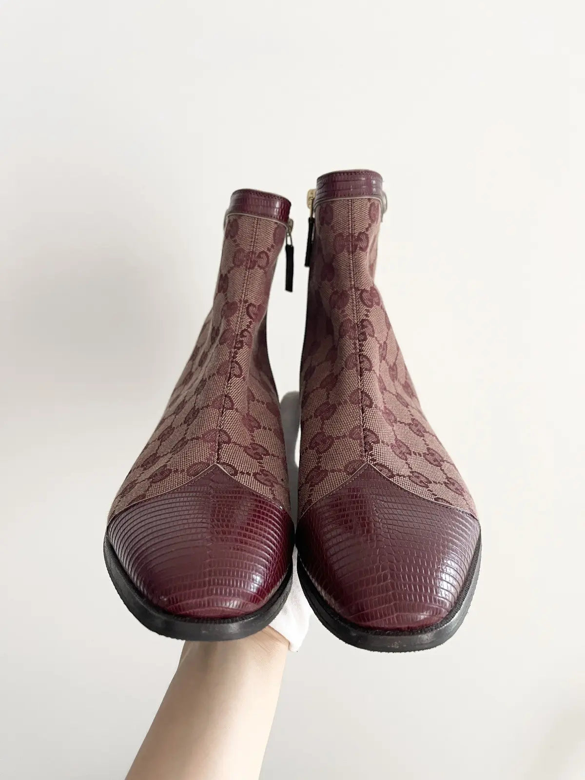 Gucci Burgundy Canvas Original GG Boots Lizard Trim