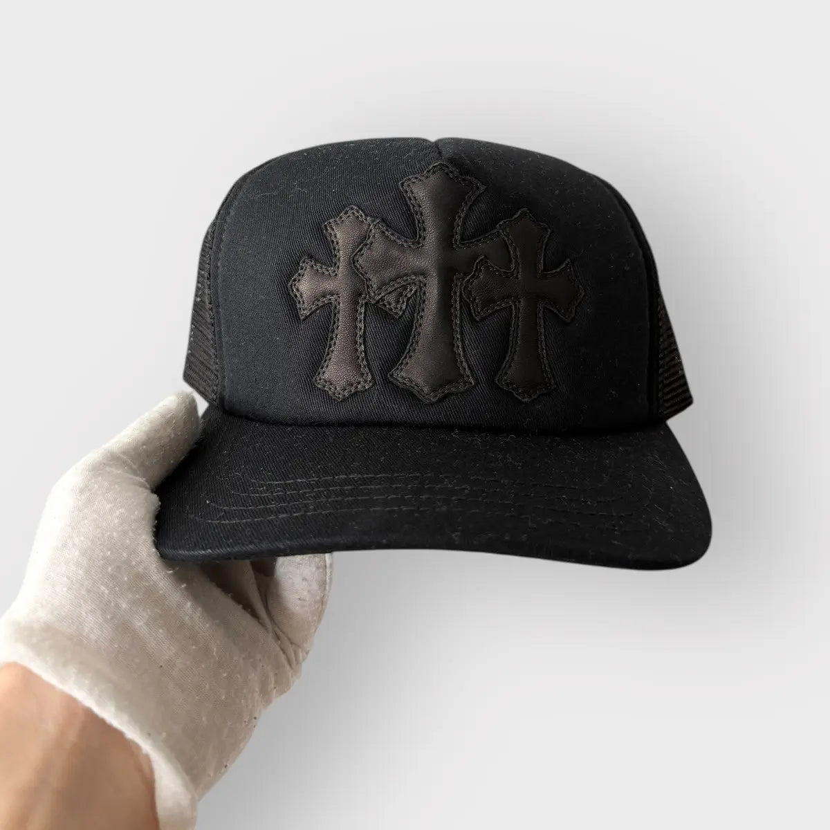 Chrome Hearts Triple Black Leather Patch Trucker Hat