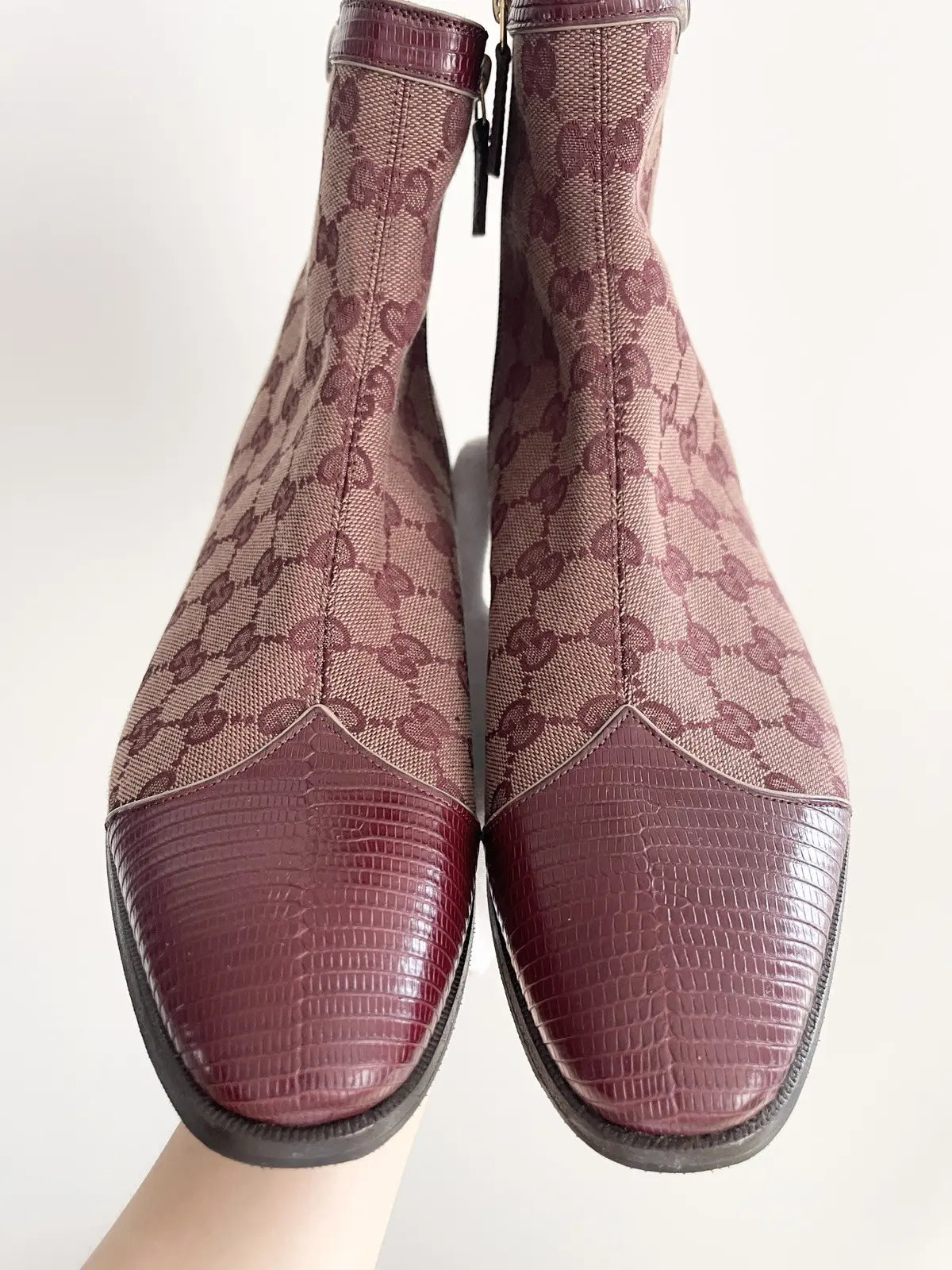 Gucci Burgundy Canvas Original GG Boots Lizard Trim