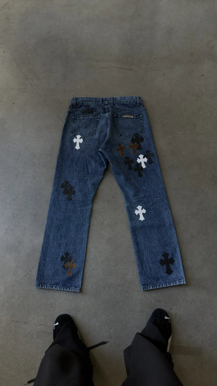 Chrome Hearts Black White Brown Patch FleurKnee Jeans