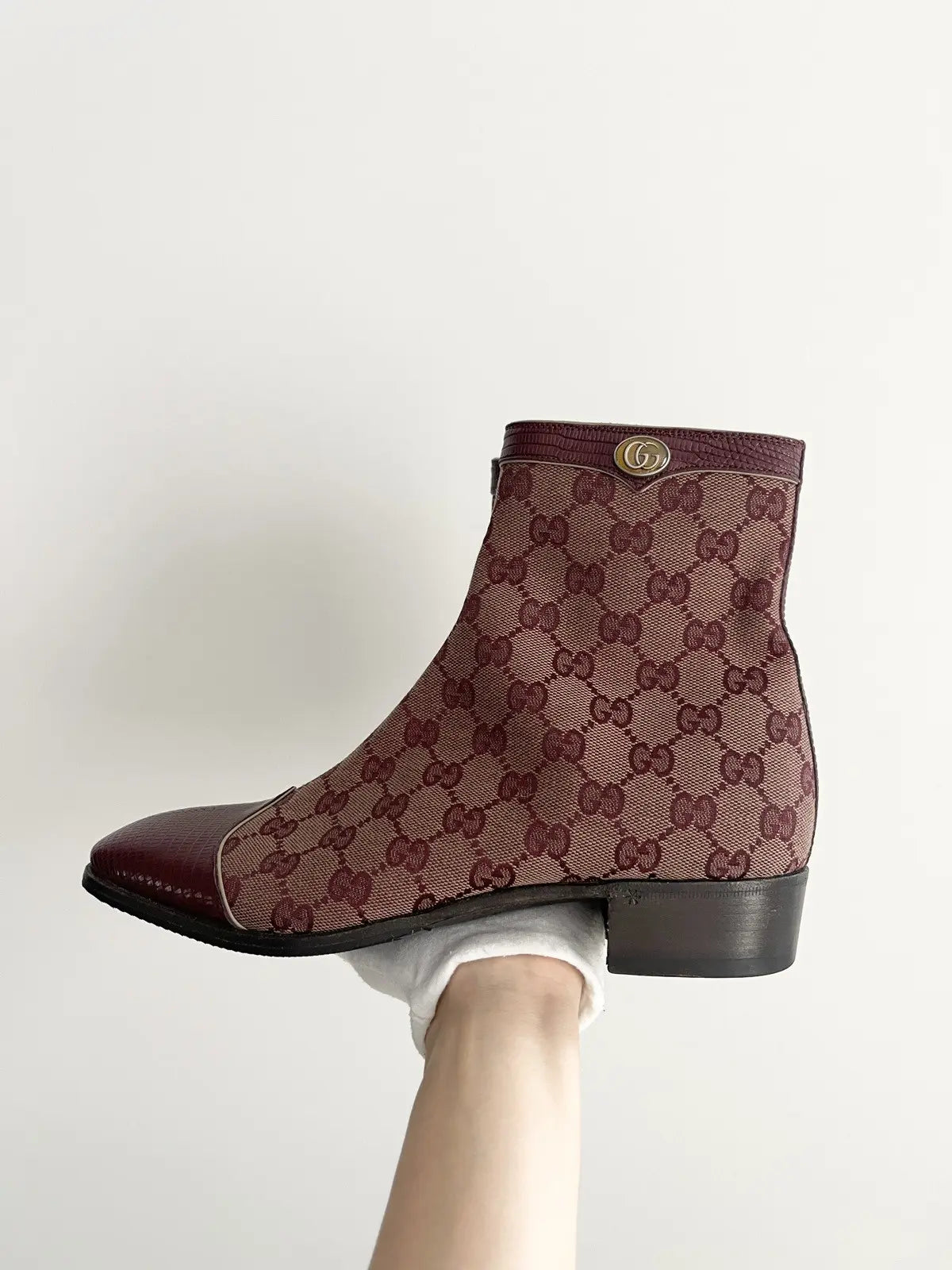 Gucci Burgundy Canvas Original GG Boots Lizard Trim