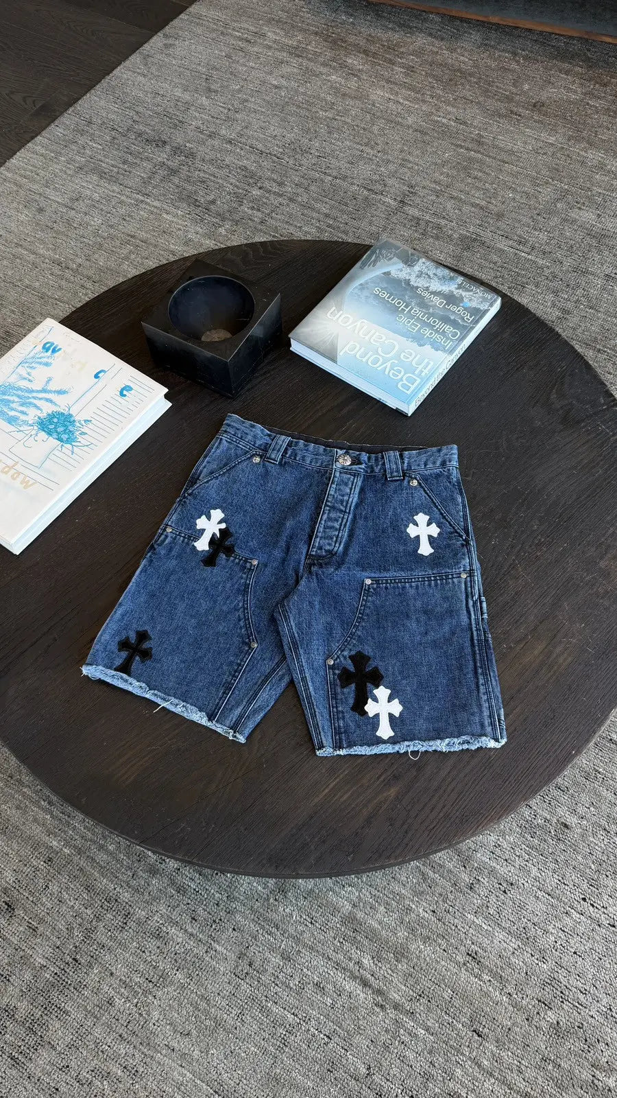 Chrome Hearts White Black Cross Patch Jean Shorts Chrome Hearts