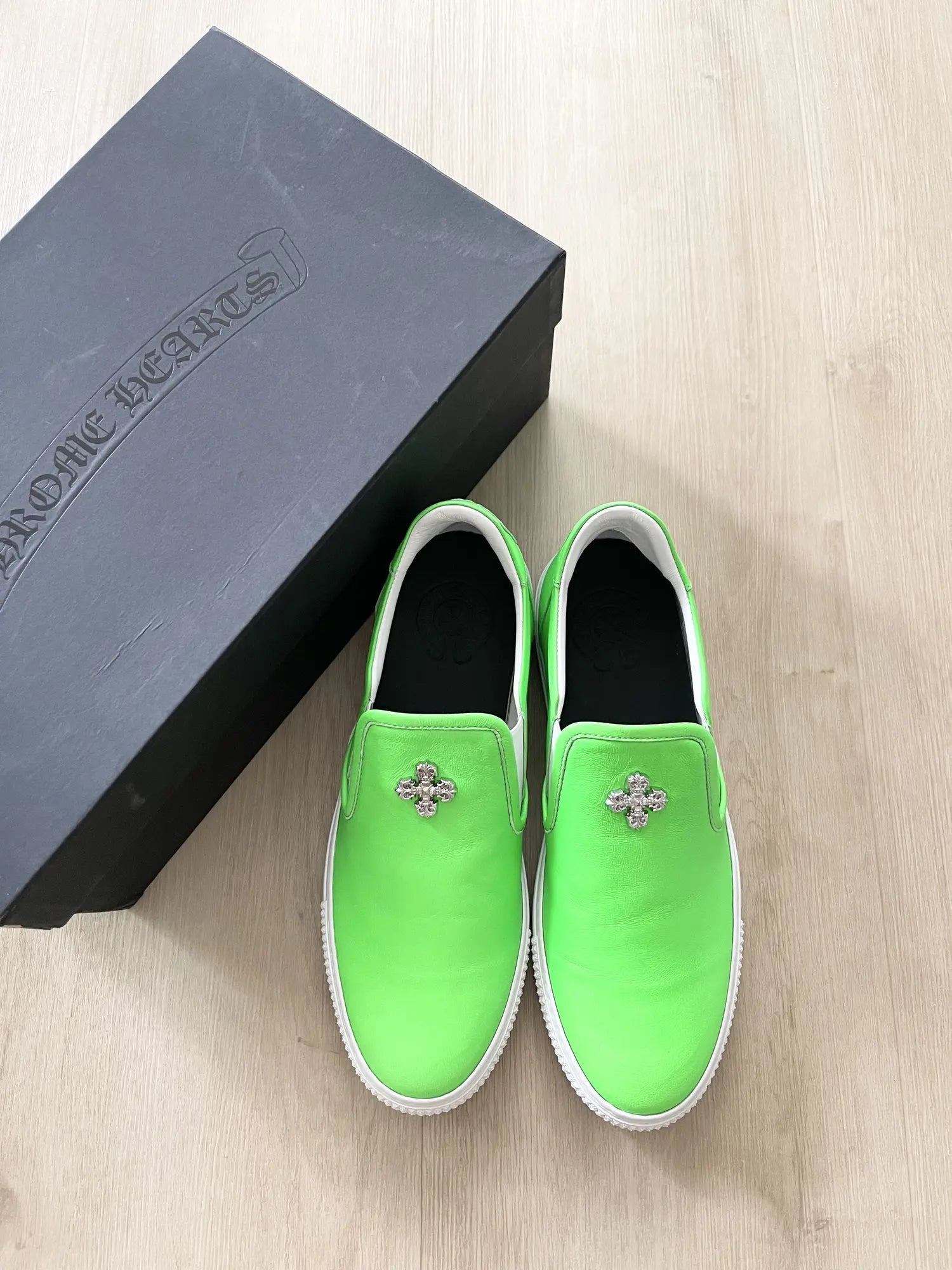 Chrome Hearts Neon Green Jumbo Studs Leather Slip On