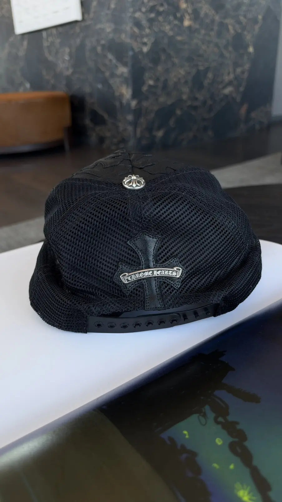 Chrome Hearts Cemetery Cross Leather Stitched Trucker Hat Chrome Hearts