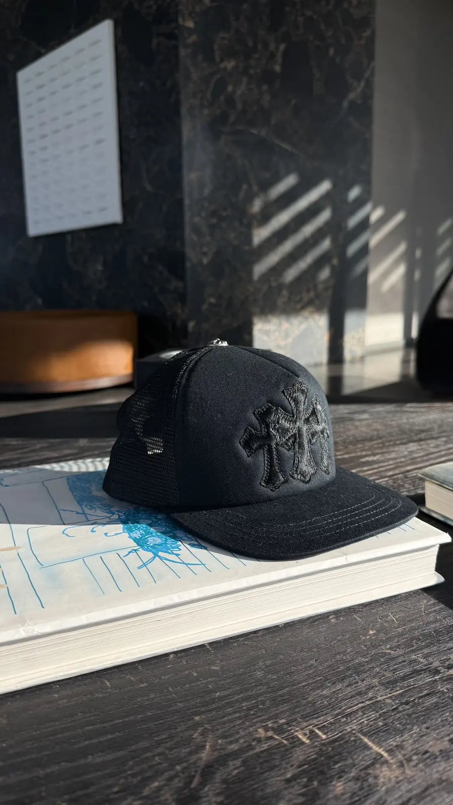 Chrome Hearts Triple Cross Fur Patch Cemetery Trucker Hat Chrome Hearts