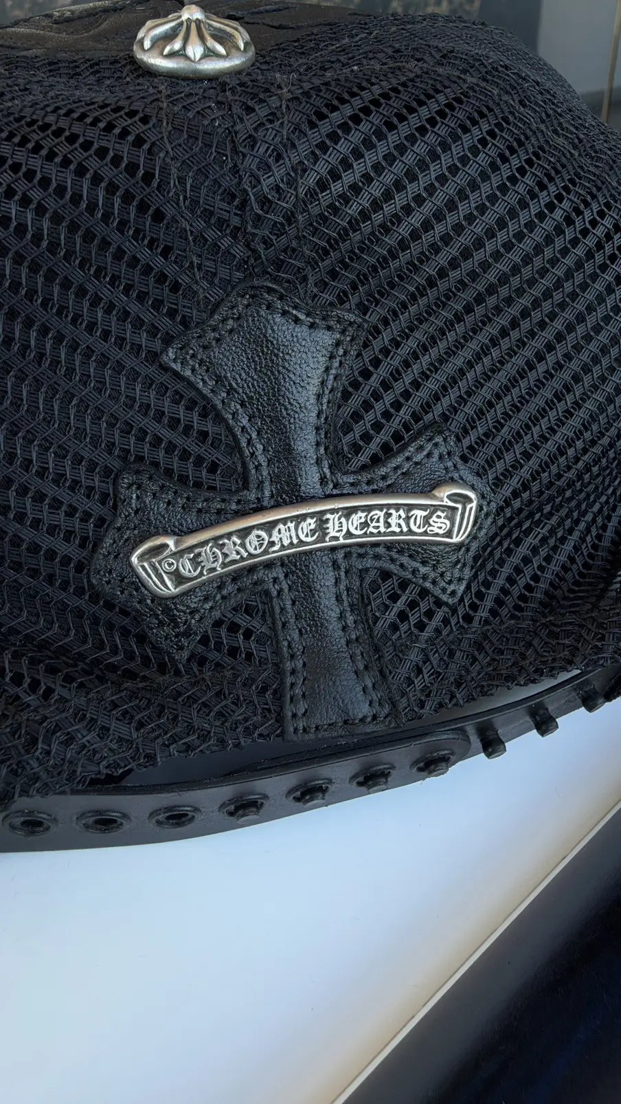 Chrome Hearts Cemetery Cross Leather Stitched Trucker Hat Chrome Hearts