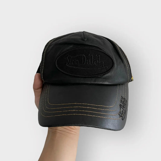 2000s Von Dutch Black Patch Logo Leather Hat