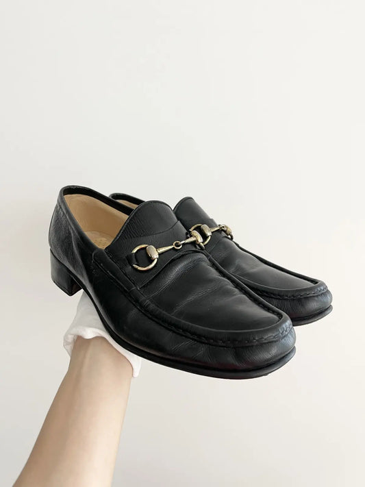 Vintage Gucci Black & Gold Horsebit Loafers