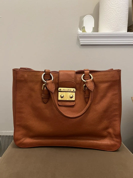 Miu Miu Orange Leather Large Madras Tote