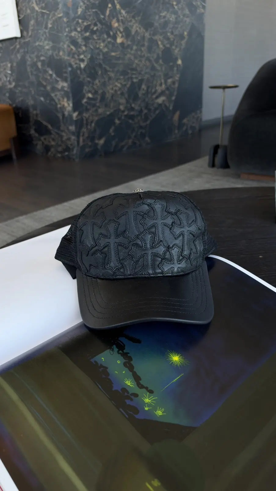 Chrome Hearts Cemetery Cross Leather Stitched Trucker Hat Chrome Hearts