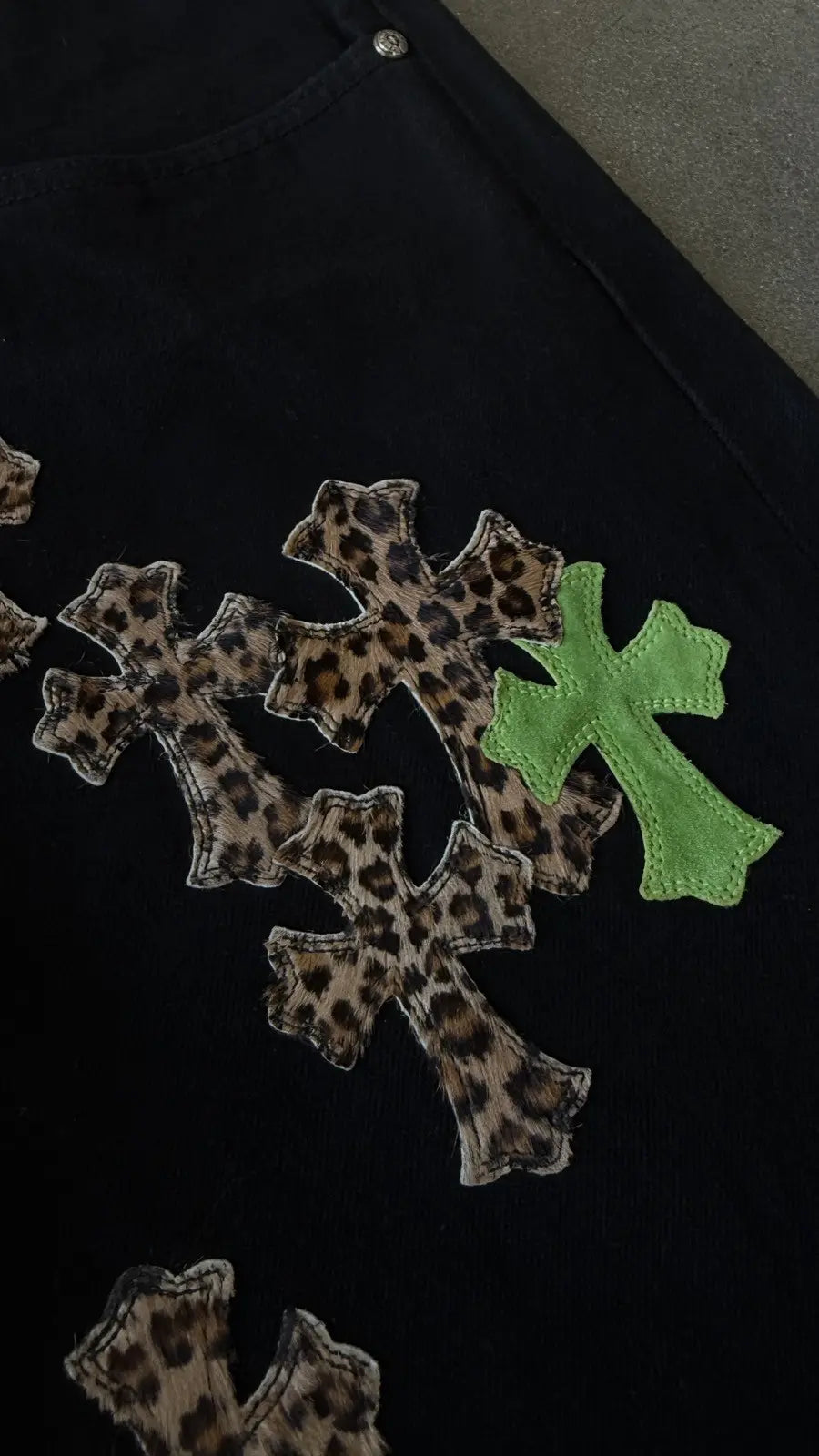 Chrome Hearts Black Cheetah Lime Cross Patch Jeans