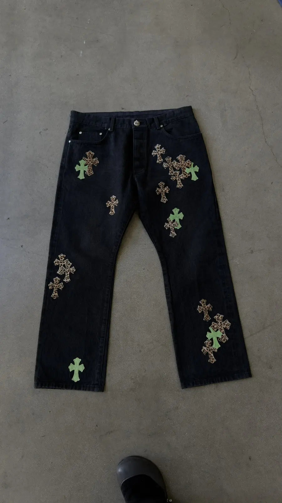 Chrome Hearts Green & Leopard Cross Patch Jeans