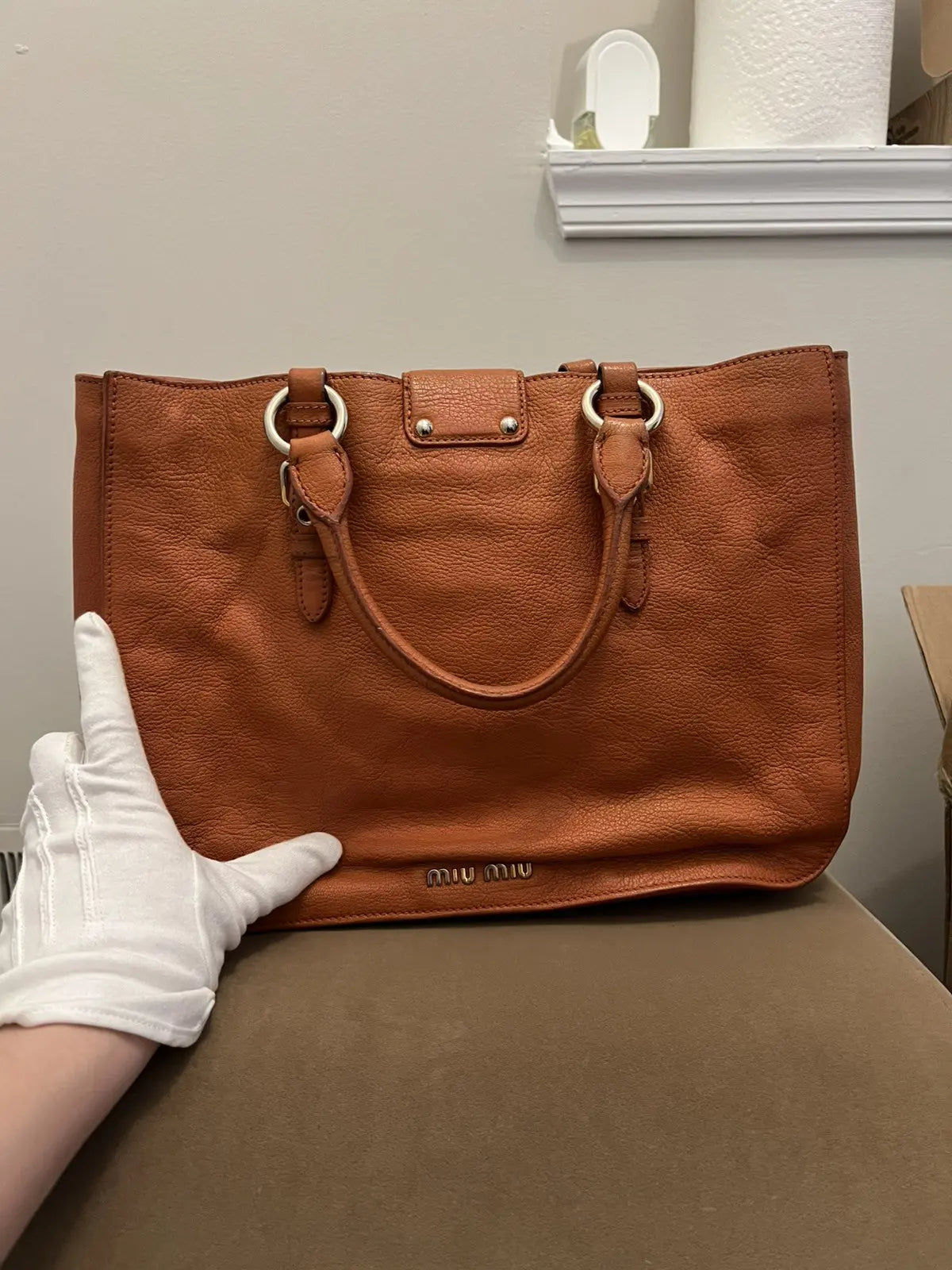 Miu Miu Orange Leather Large Madras Tote