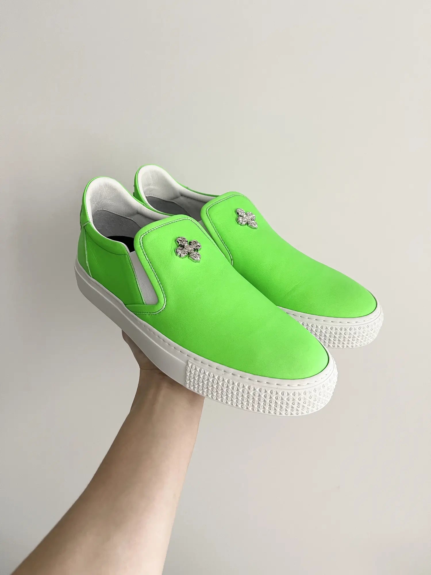 Chrome Hearts Neon Green Jumbo Studs Leather Slip On