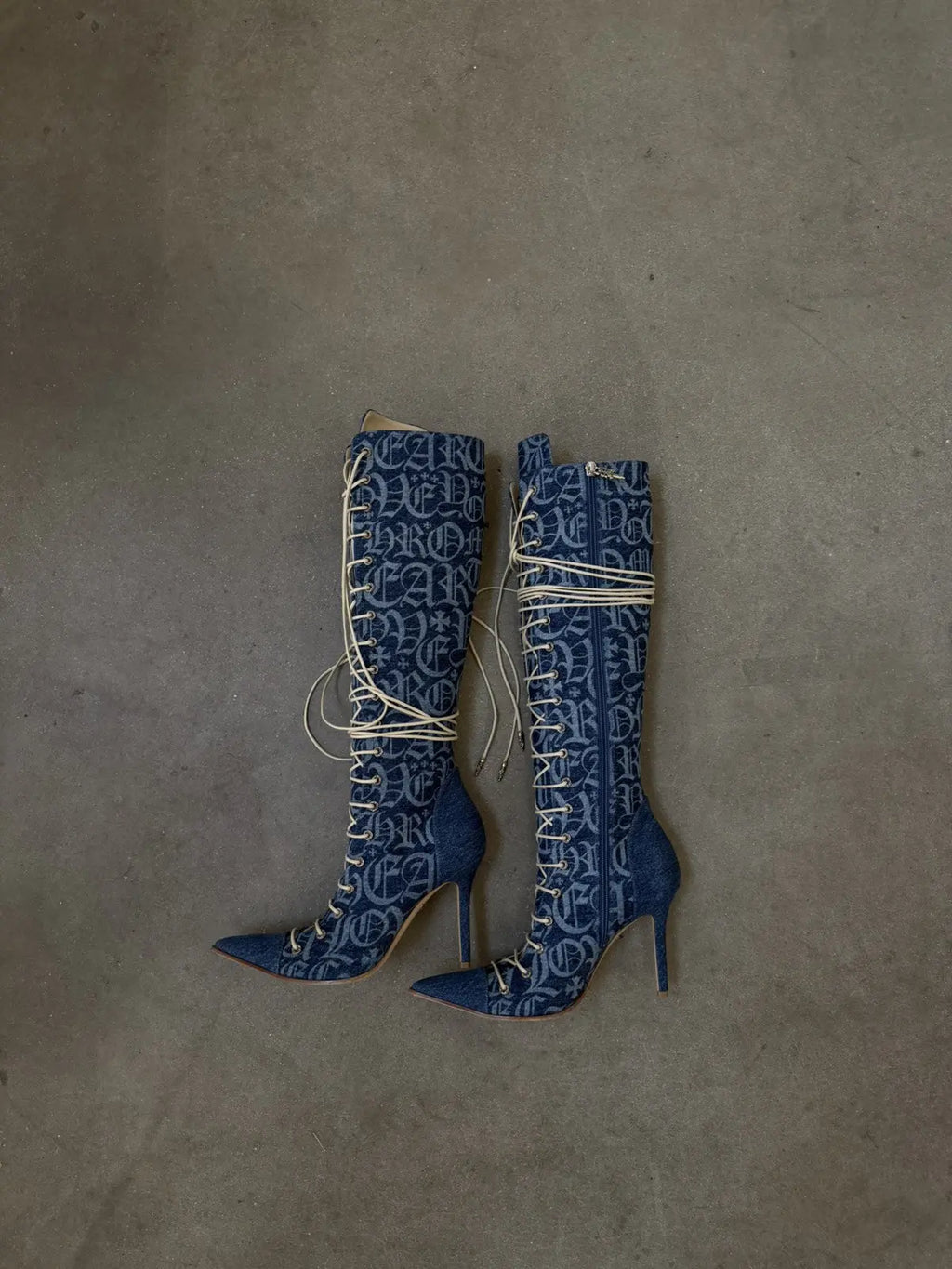 Chrome Hearts 'Denim Monogram' Lace Up Knee Boots