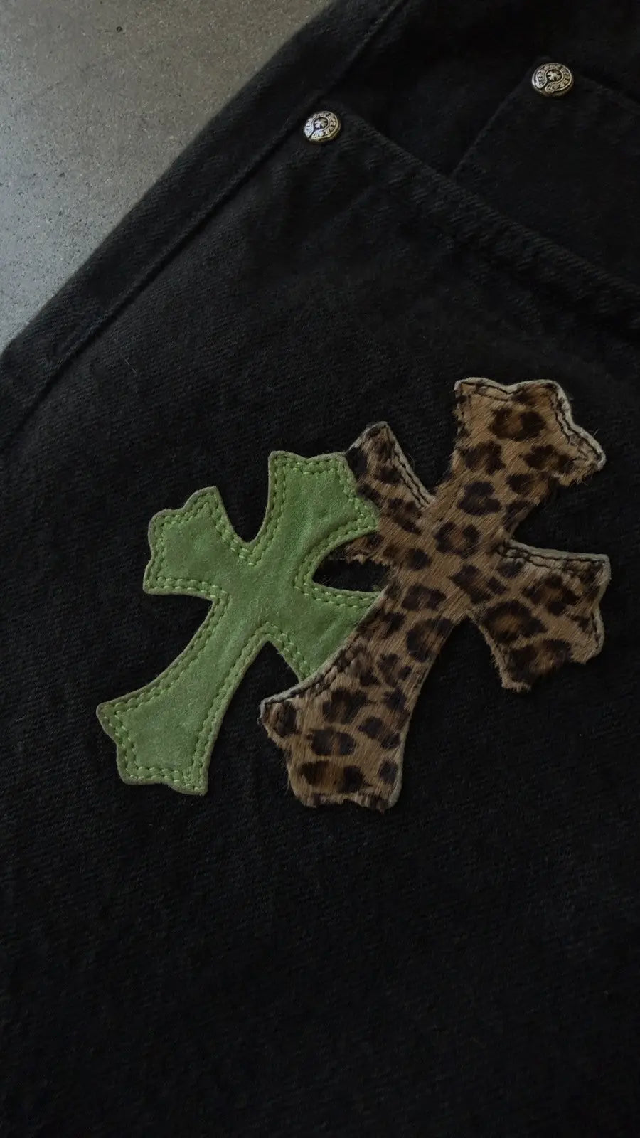 Chrome Hearts Green & Leopard Cross Patch Jeans