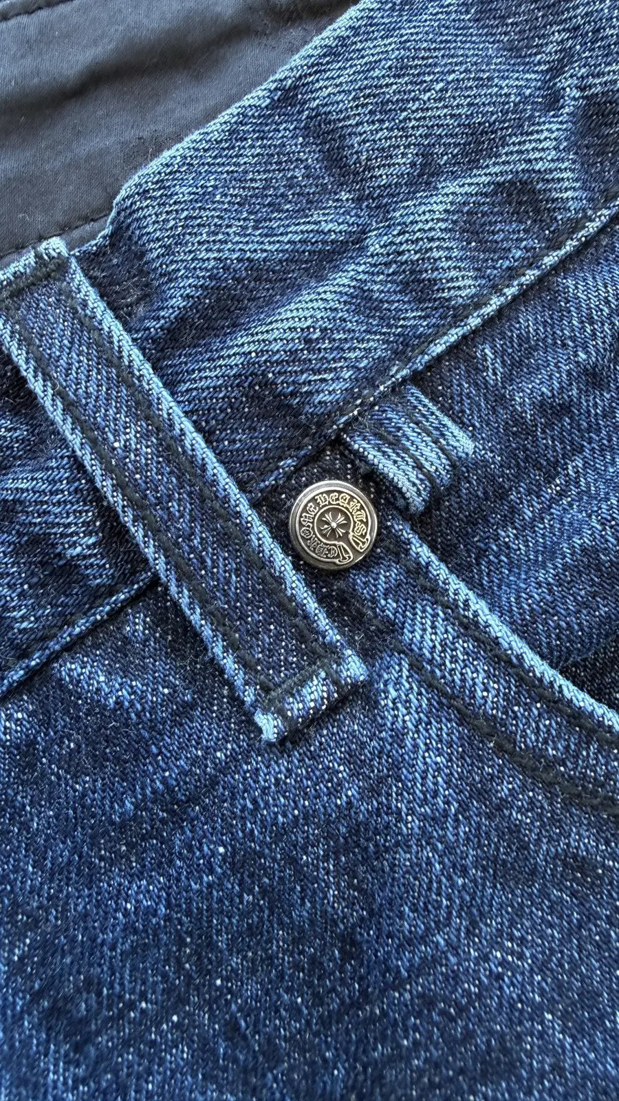 Chrome Hearts Dark Wash Denim Jeans Sterling Cross Button Chrome Hearts