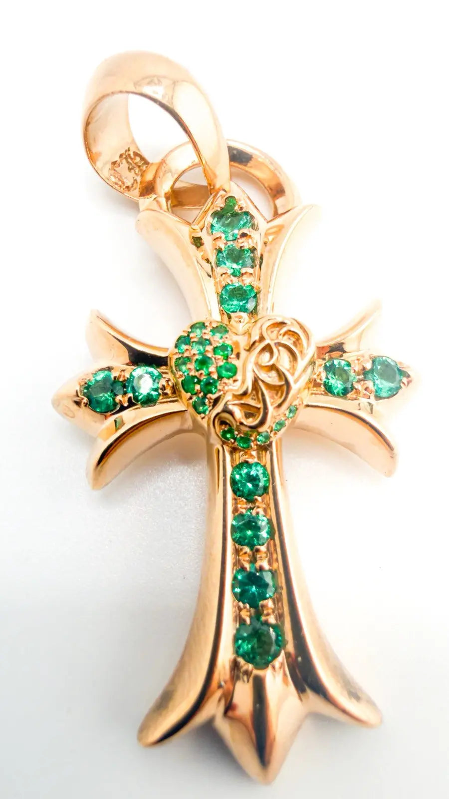 Chrome Hearts 22K Gold Emerald Heart Cross Pendant Chrome Hearts