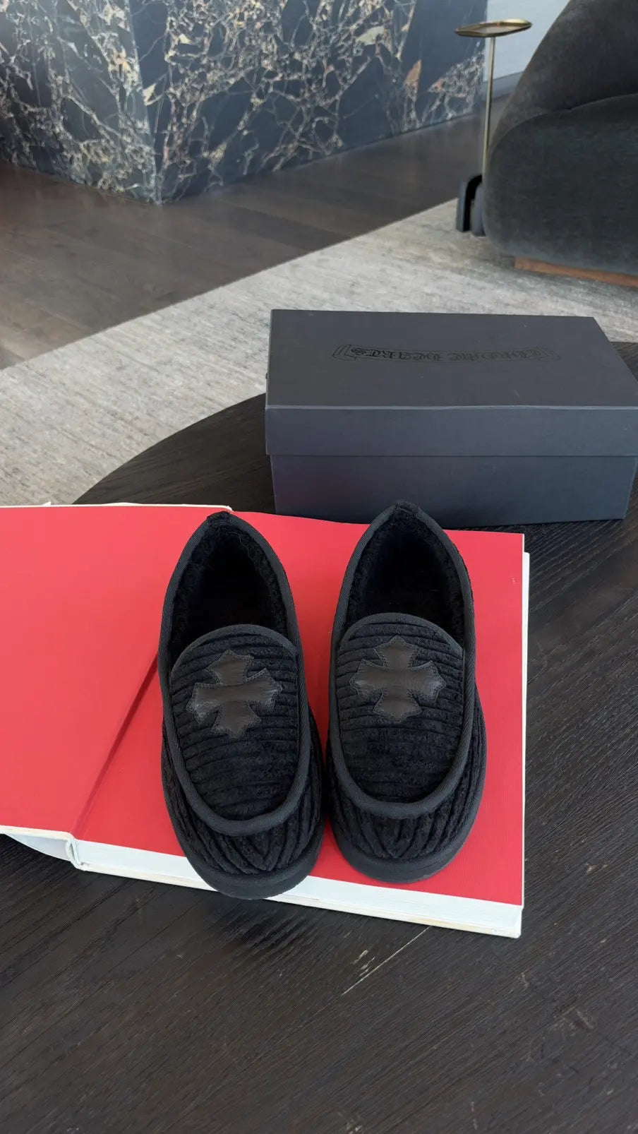 Chrome Hearts Black Corduroy Cross Patch Slippers Loafers Size 43 Chrome Hearts