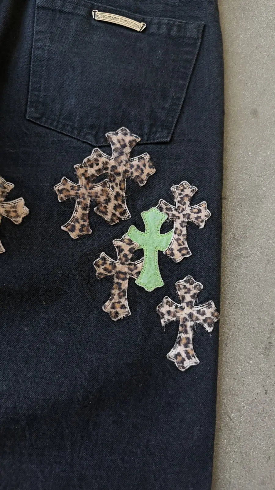 Chrome Hearts Green & Leopard Cross Patch Jeans