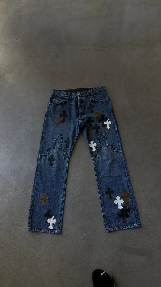 Chrome Hearts Black White Brown Patch FleurKnee Jeans