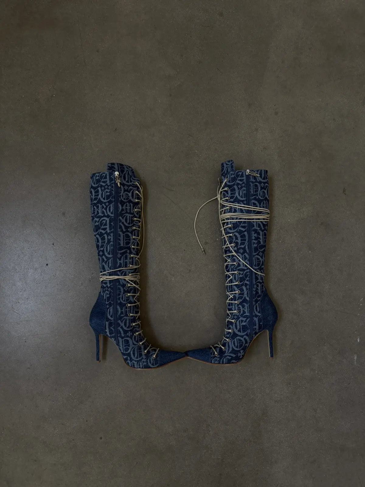 Chrome Hearts 'Denim Monogram' Lace Up Knee Boots