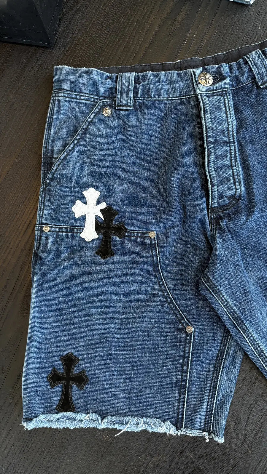 Chrome Hearts White Black Cross Patch Jean Shorts Chrome Hearts