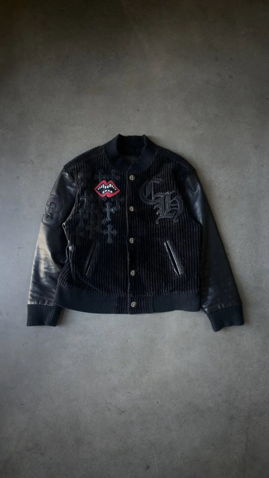 Chrome Hearts Matty Boy Lips Cross Patch Varsity Jacket