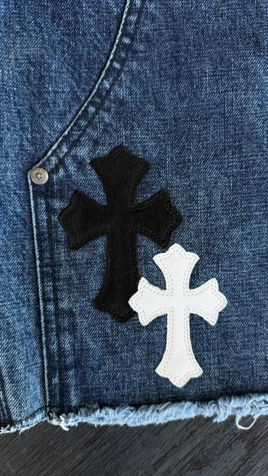 Chrome Hearts White Black Cross Patch Jean Shorts Chrome Hearts