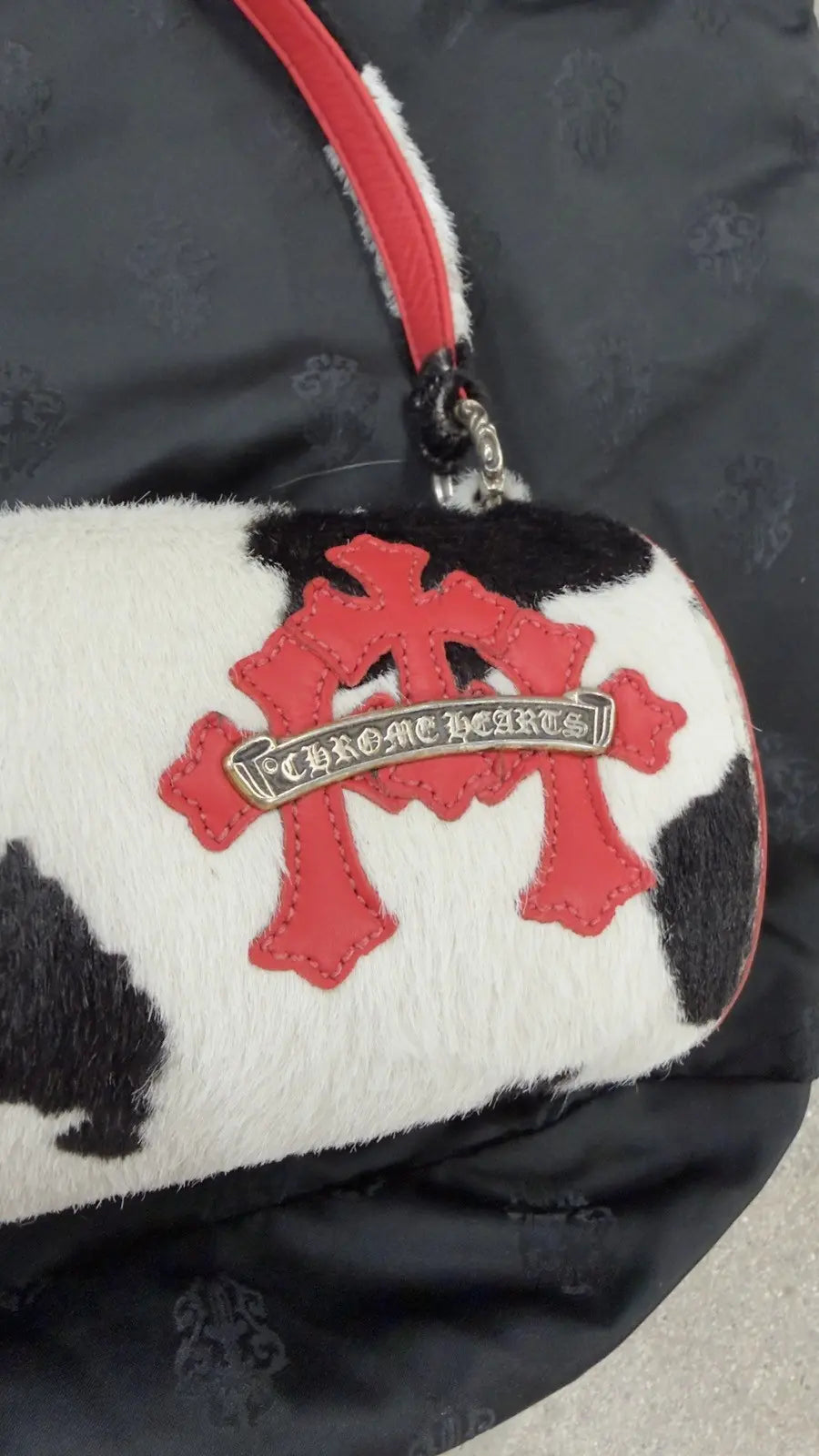 Chrome Hearts Red Leather Cross Patch Pony Hair Bag