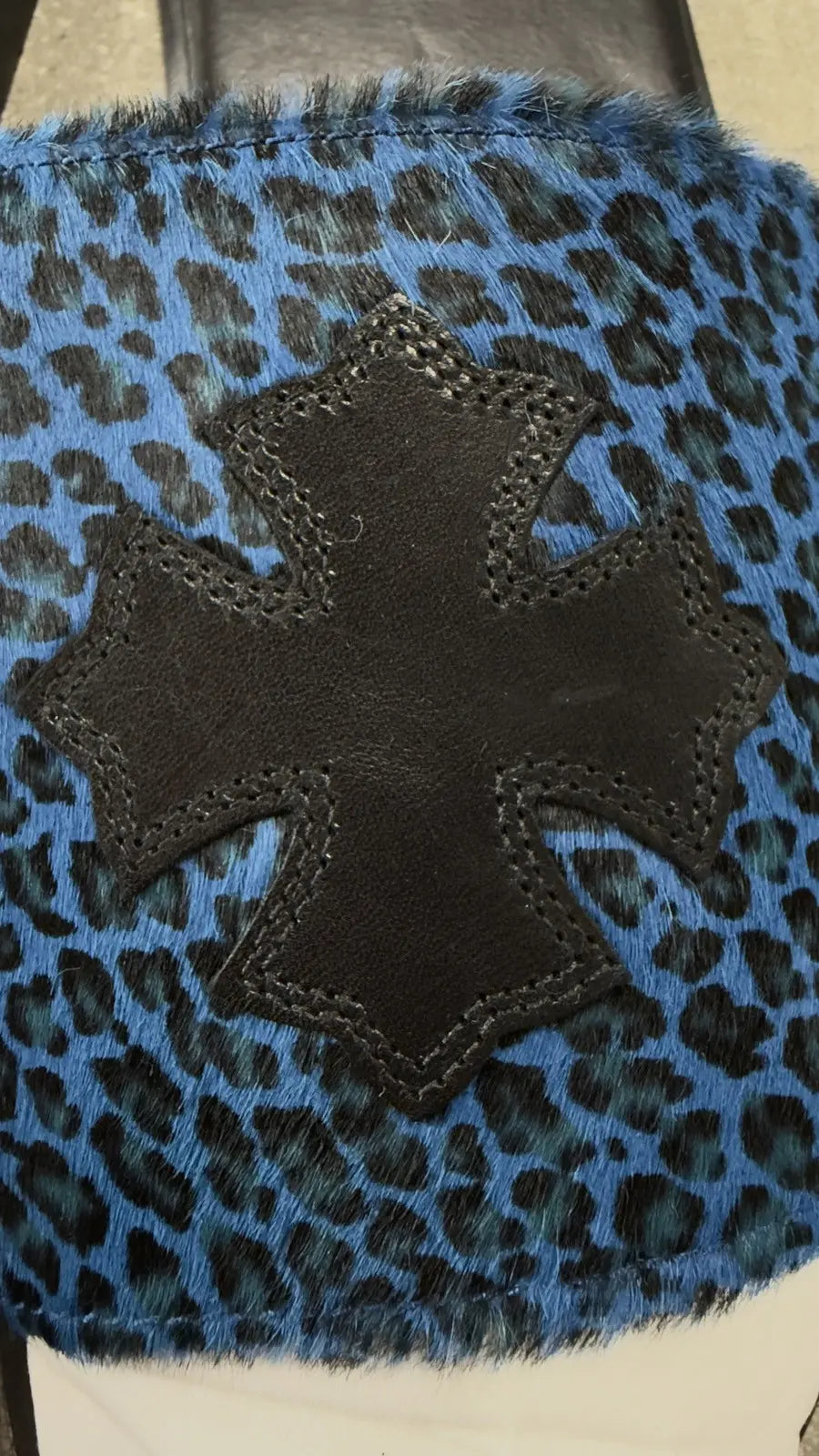 Chrome Hearts Black And Blue Cheetah Leather Cross Slides