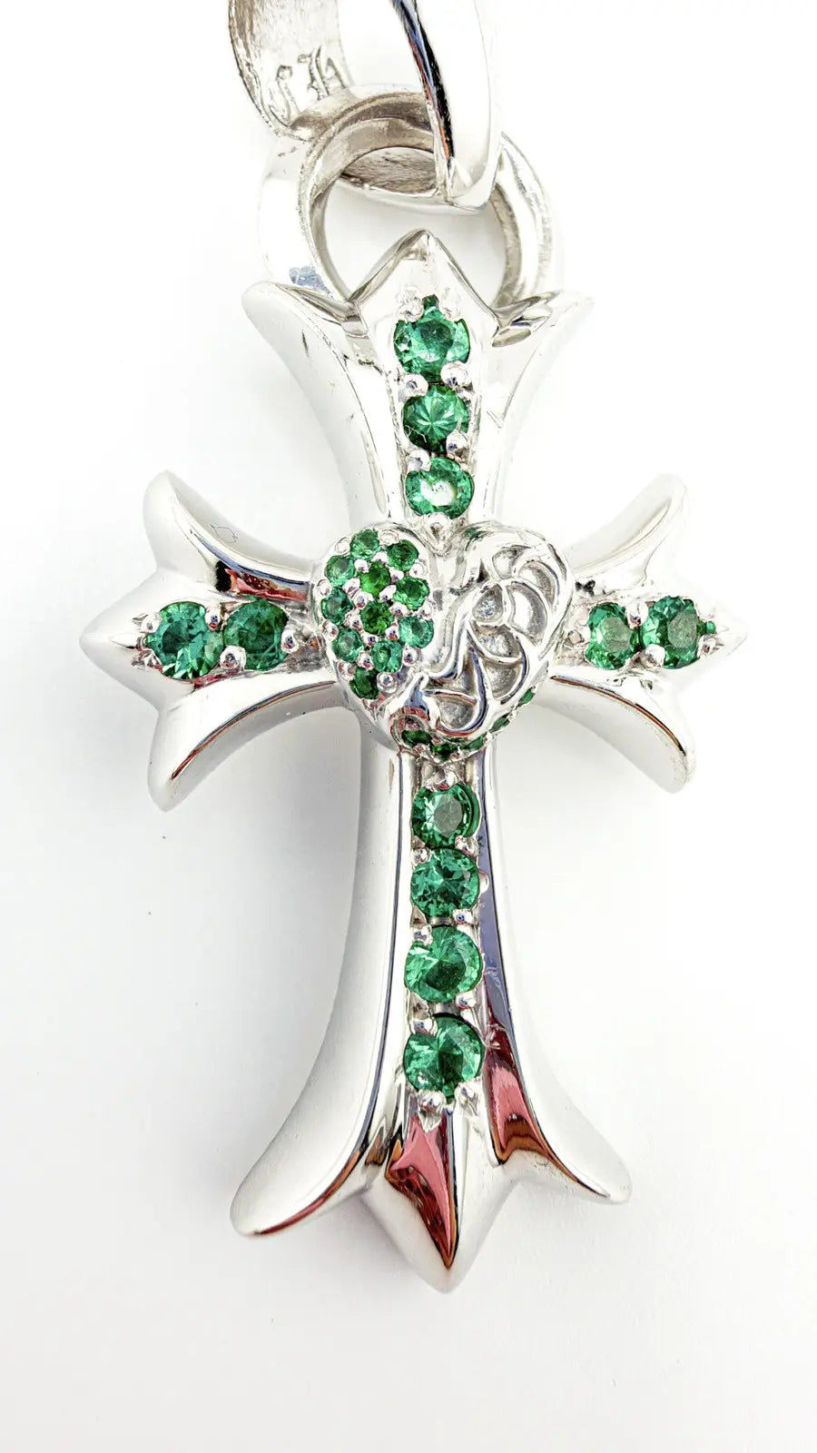 Chrome Hearts 18K White Gold Emerald Vine Cross Pendant Chrome Hearts
