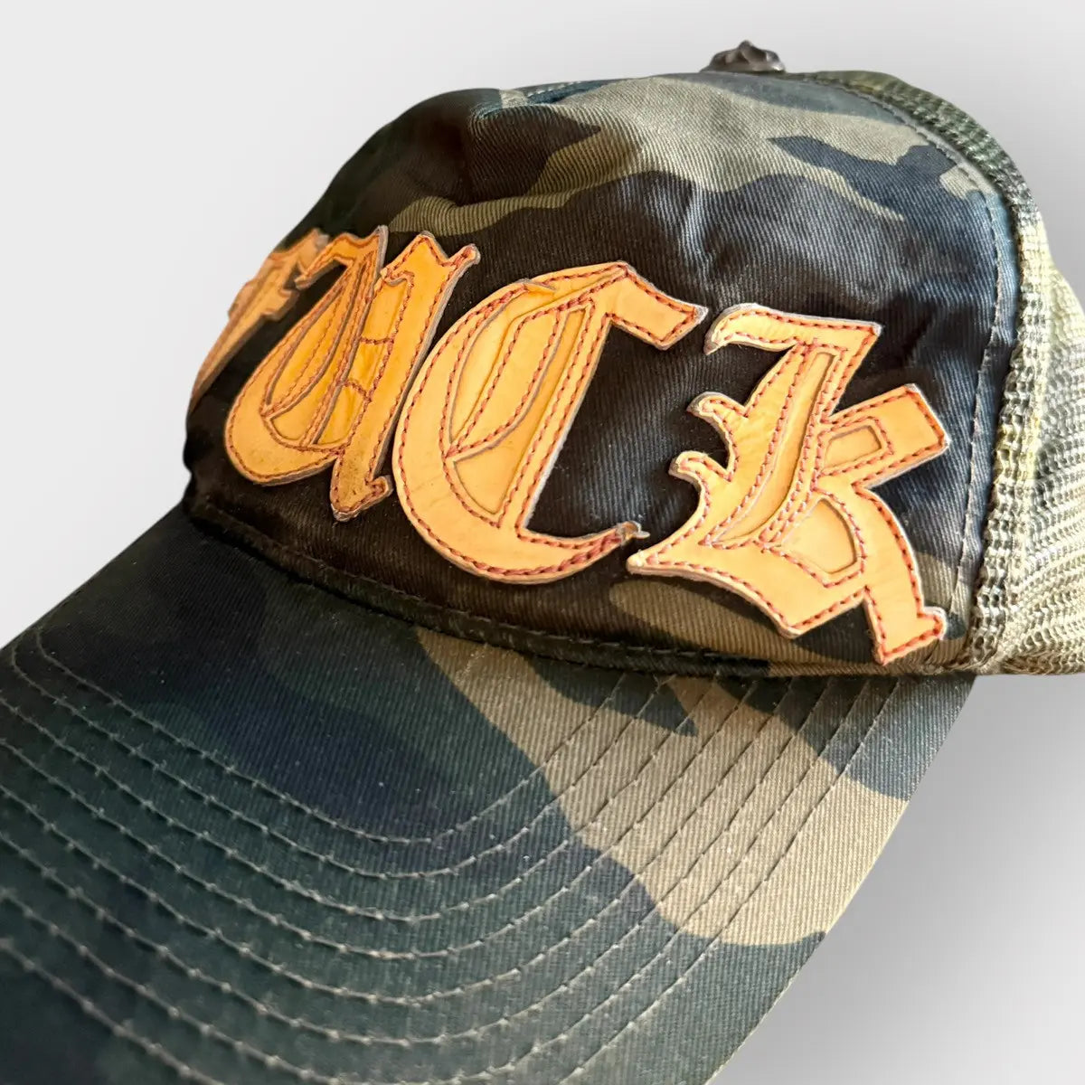 Chrome Hearts Fuck Leather Patch Camo Trucker Hat