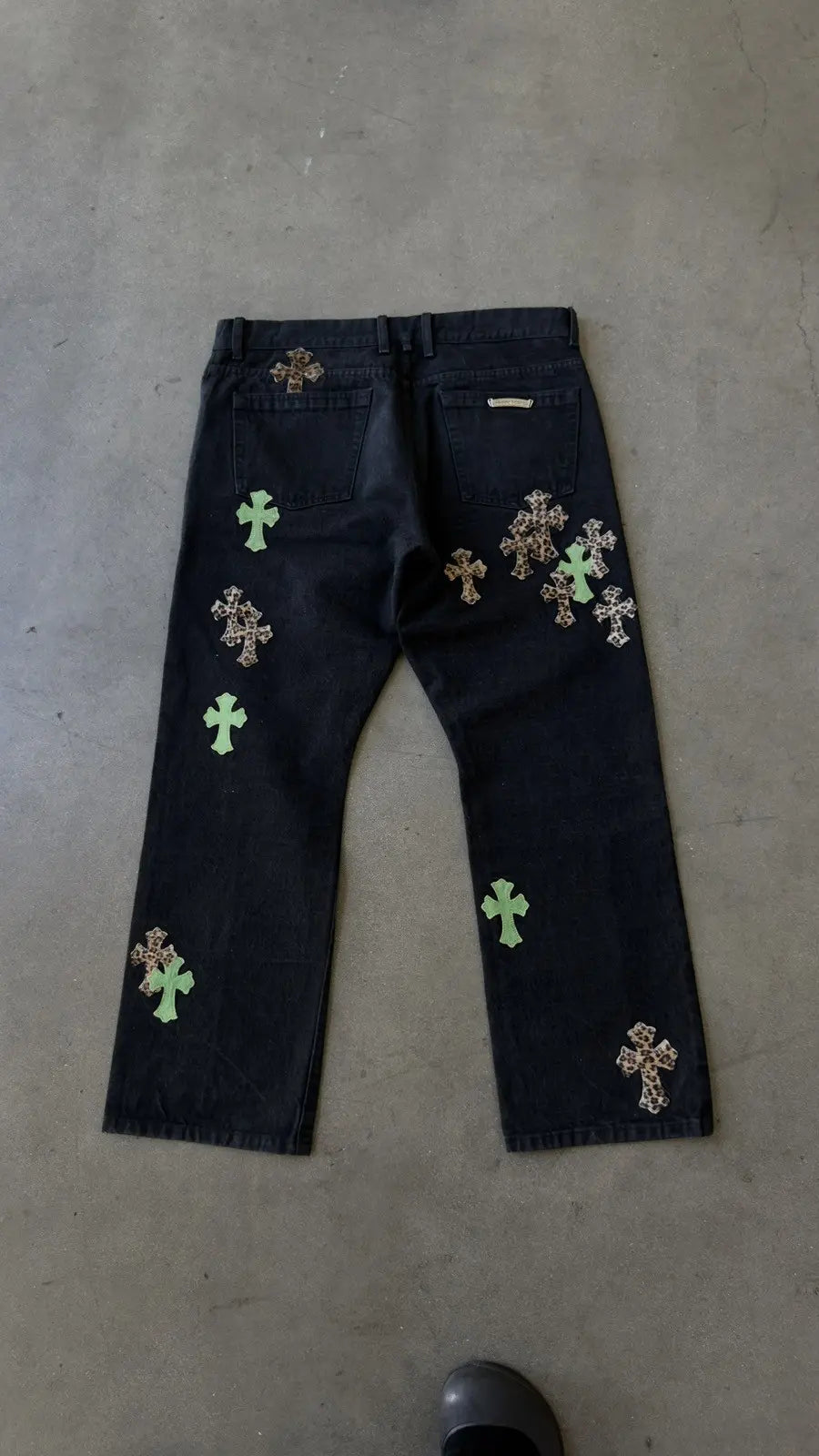 Chrome Hearts Green & Leopard Cross Patch Jeans