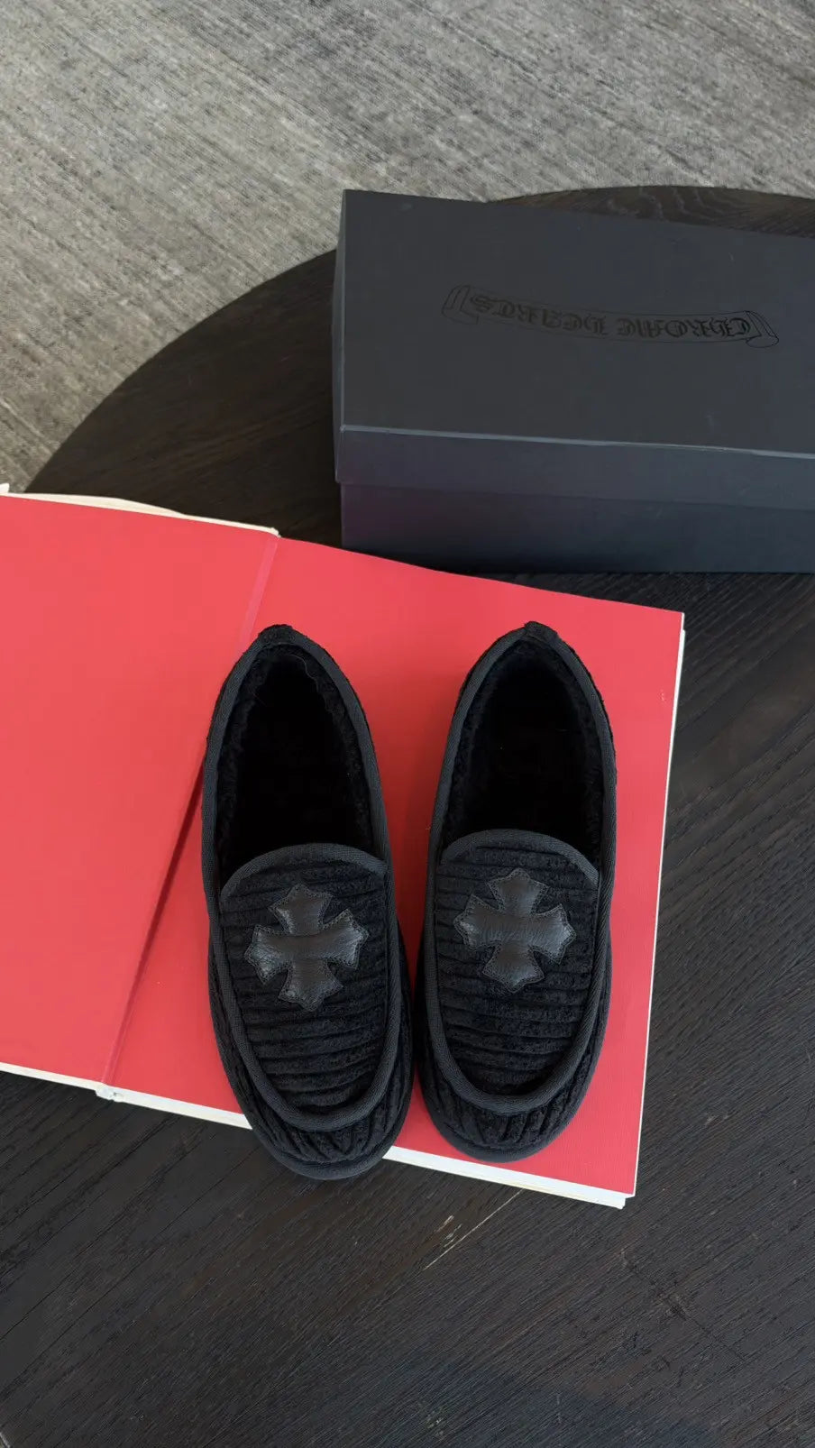 Chrome Hearts Black Corduroy Cross Patch Slippers Loafers Size 43 Chrome Hearts