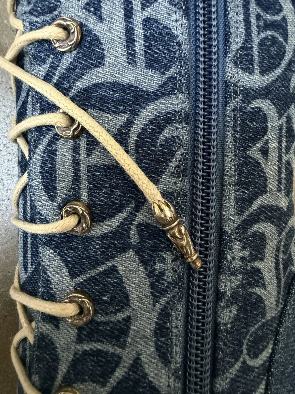 Chrome Hearts 'Denim Monogram' Lace Up Knee Boots