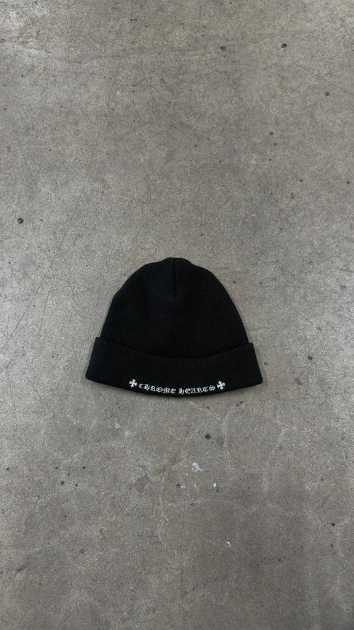 Close-up of the Authentic Chrome Hearts CH Beanie in Black, highlighting the intricate patterns and quality material.