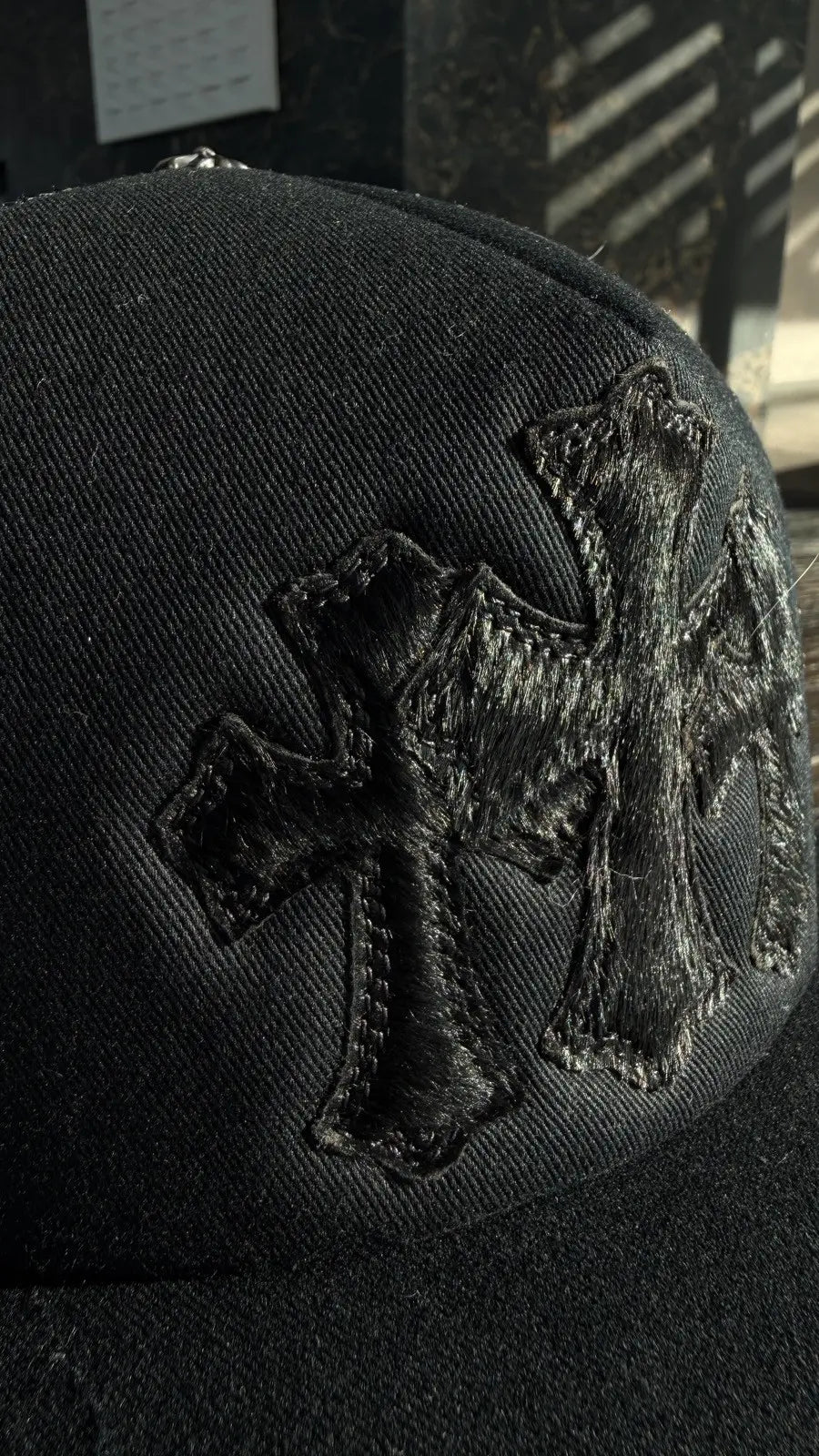 Chrome Hearts Triple Cross Fur Patch Cemetery Trucker Hat Chrome Hearts