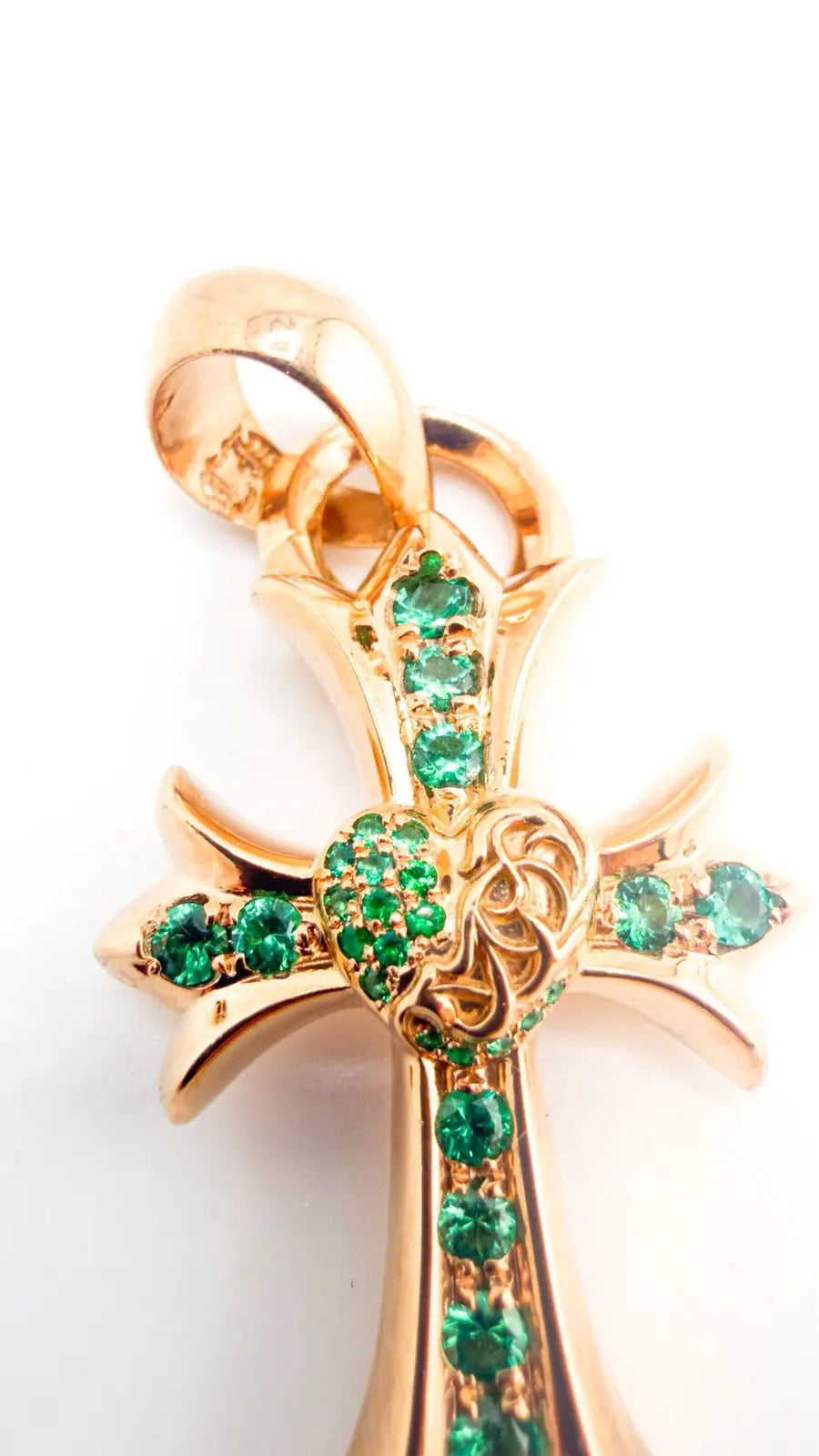 Chrome Hearts 22K Gold Emerald Heart Cross Pendant Chrome Hearts