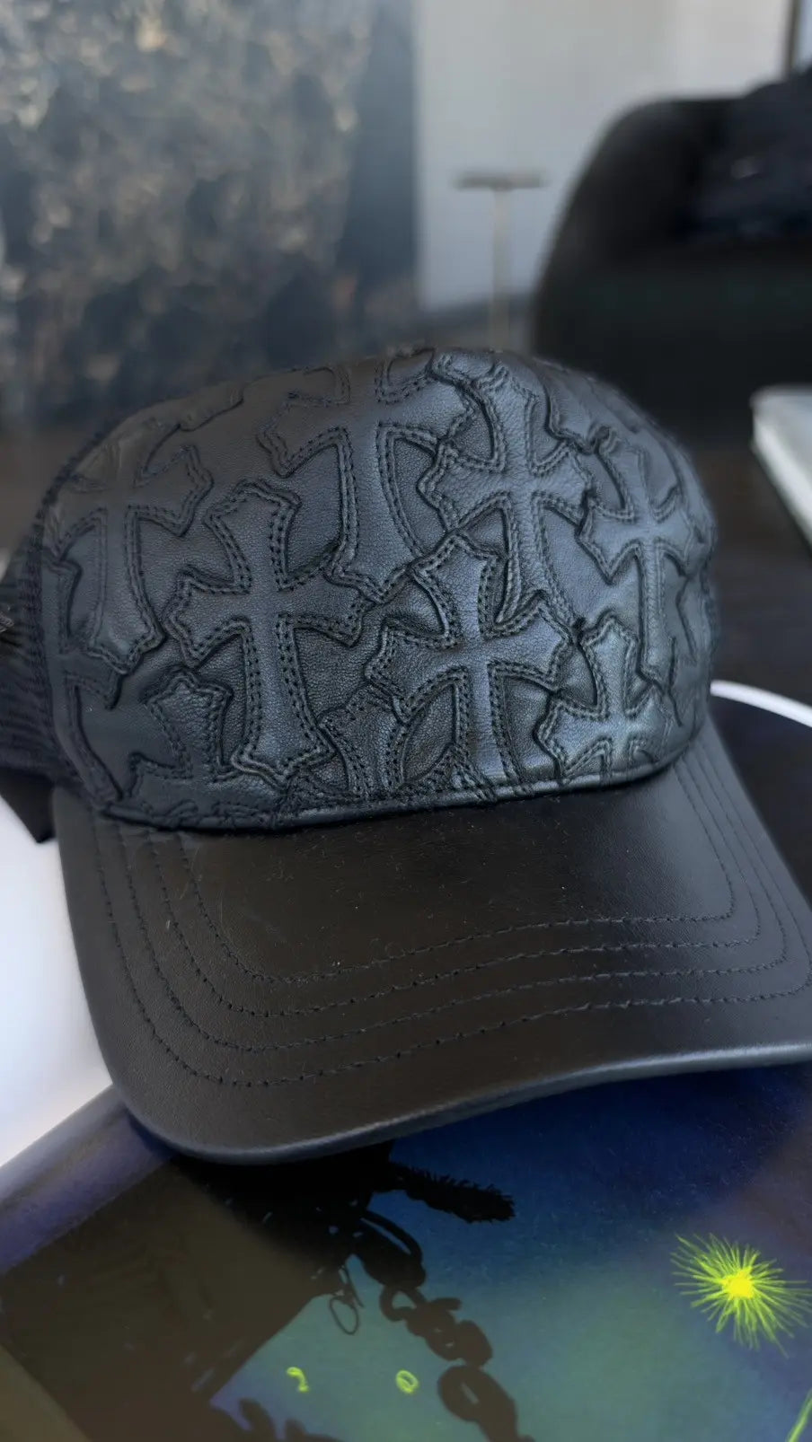 Chrome Hearts Cemetery Cross Leather Stitched Trucker Hat Chrome Hearts