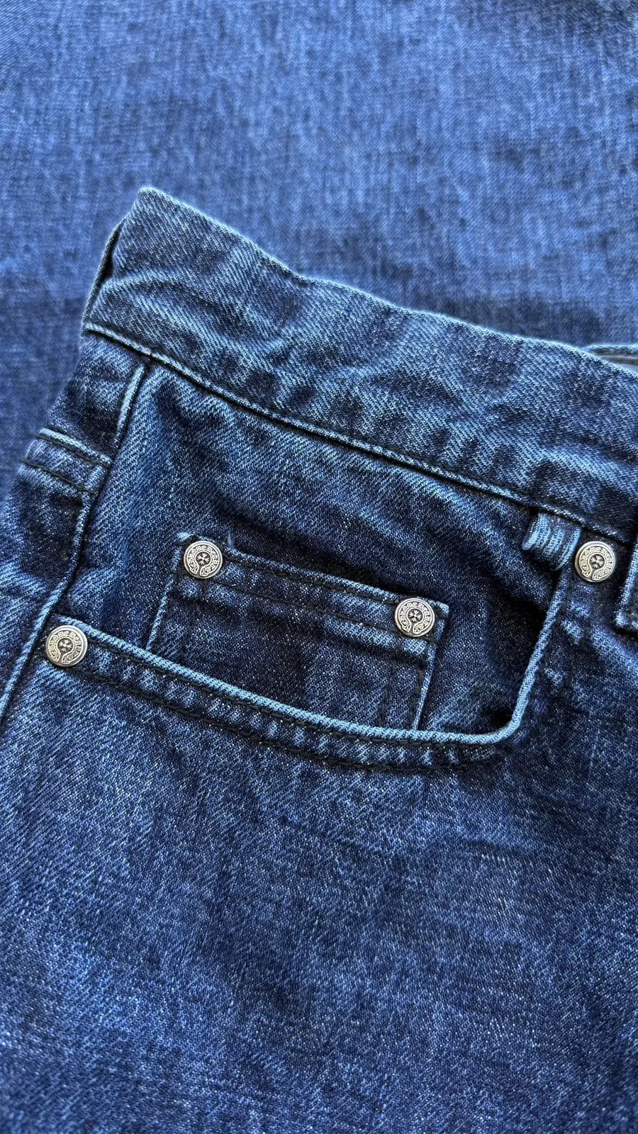 Chrome Hearts Dark Wash Denim Jeans Sterling Cross Button Chrome Hearts